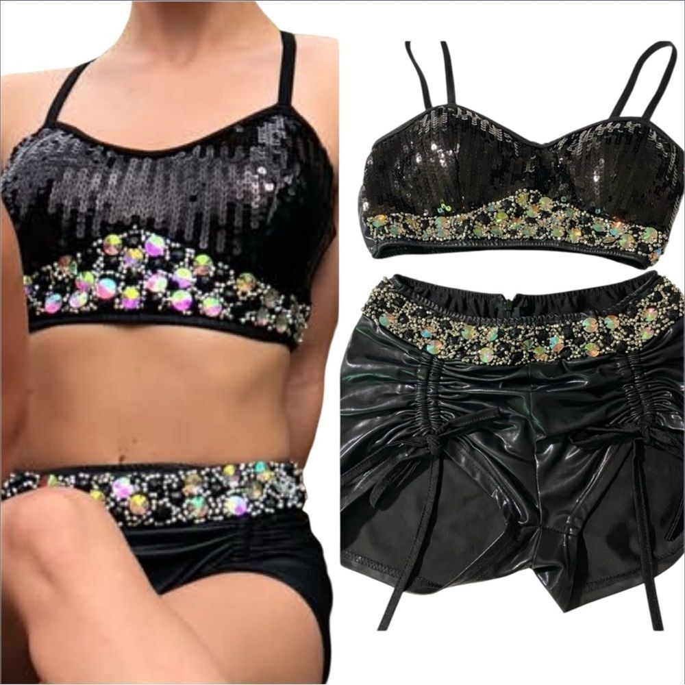 Glamour mature faux leather rocker goth Dance Custom solo costume 2 piece LA